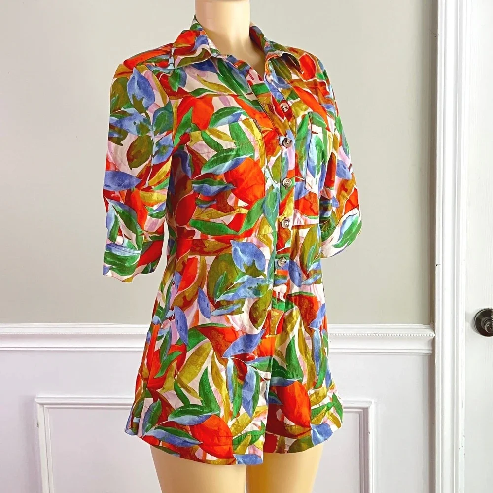 Karlie Romper Sz S Women Tropical Leaf Button Front Elbow Sleeve Multicolor Romp
